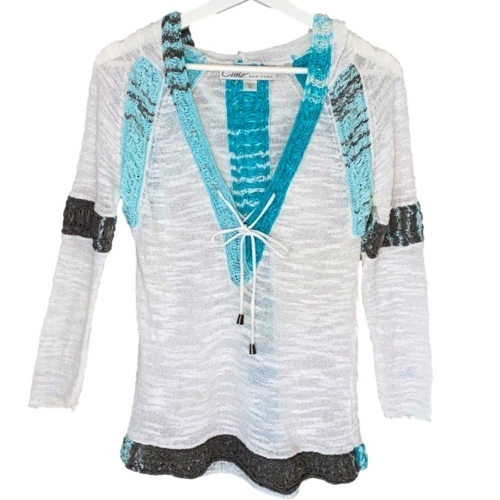 CURIO New York Anthroplogie Top Crocheted Knit Hooded Teal Black Women XS
